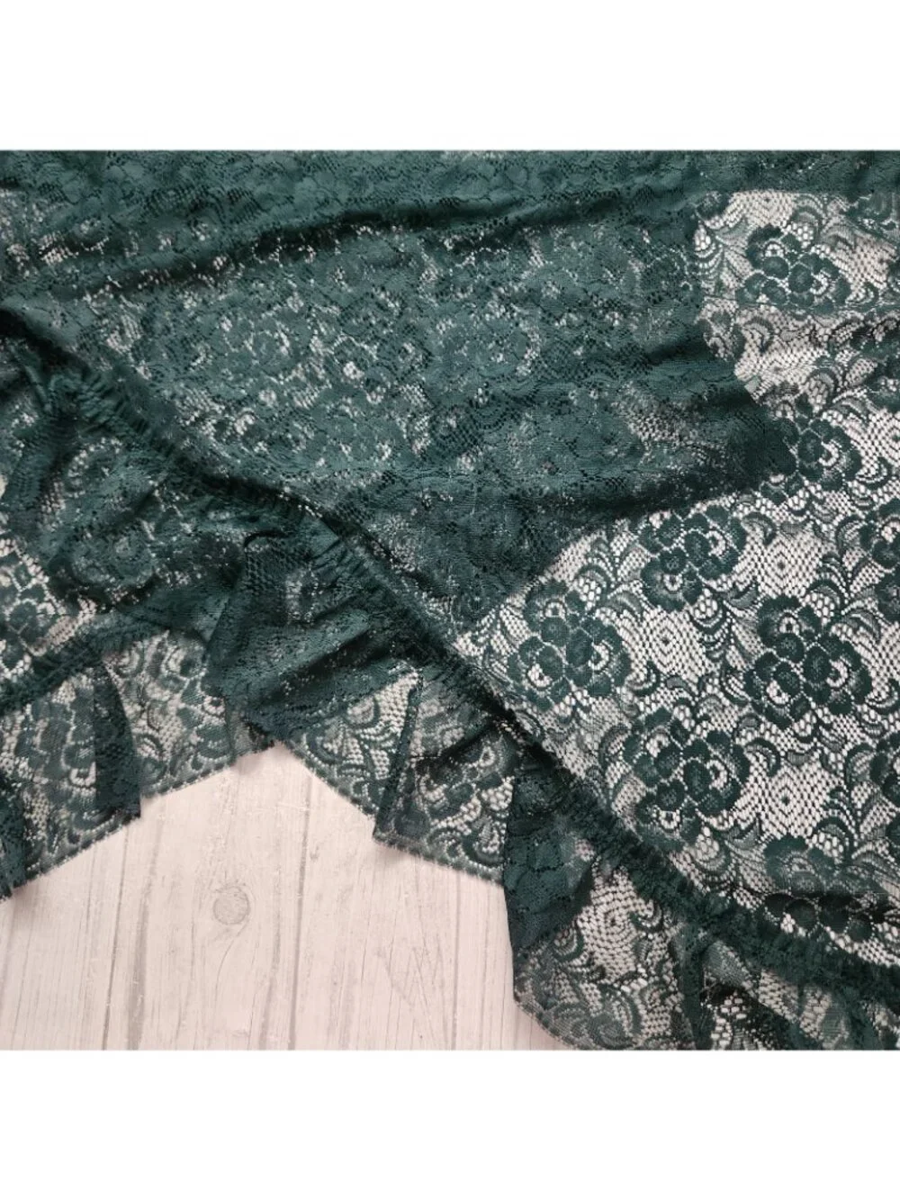 Vintage Green Lace Floral Curtains Angled Valance Panels Rod/Pole Pocket 2 Set